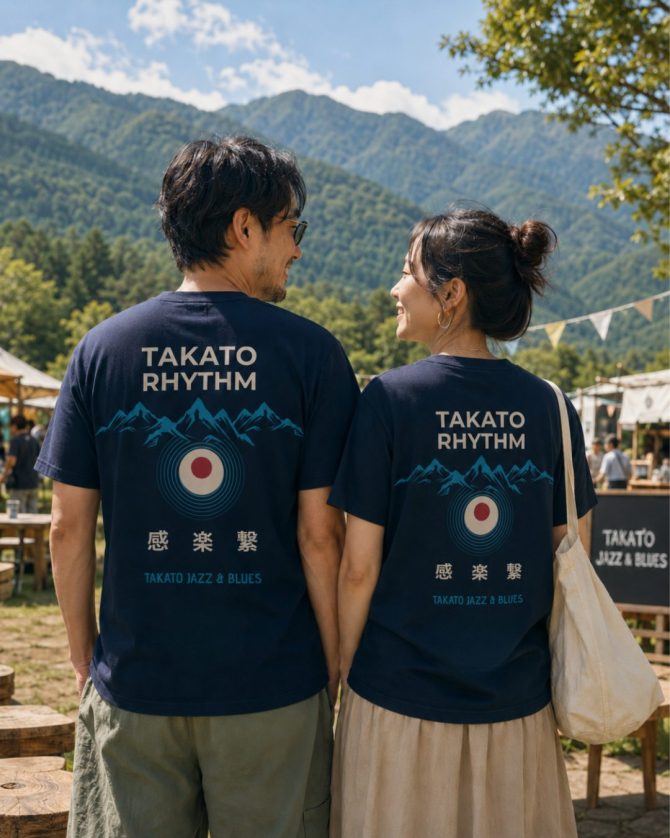 TAKATO RHYTHM Tシャツ 2026 カップル着用イメージ 高遠の山を背景にTAKATO RHYTHM Tシャツを着た男女の後ろ姿