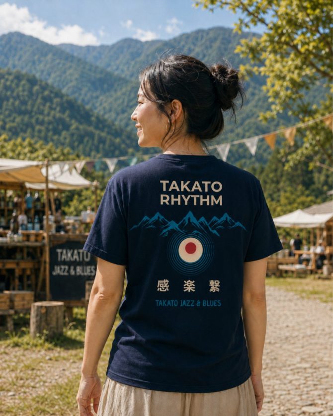 TAKATO RHYTHM Tシャツ 2026 レディース着用イメージ TAKATO RHYTHM Tシャツを着た女性の後ろ姿と高遠のフェスティバル風景