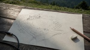 高遠ジャズ&ブルースフェスティバルのステージや出店位置を鉛筆で描いた会場計画図