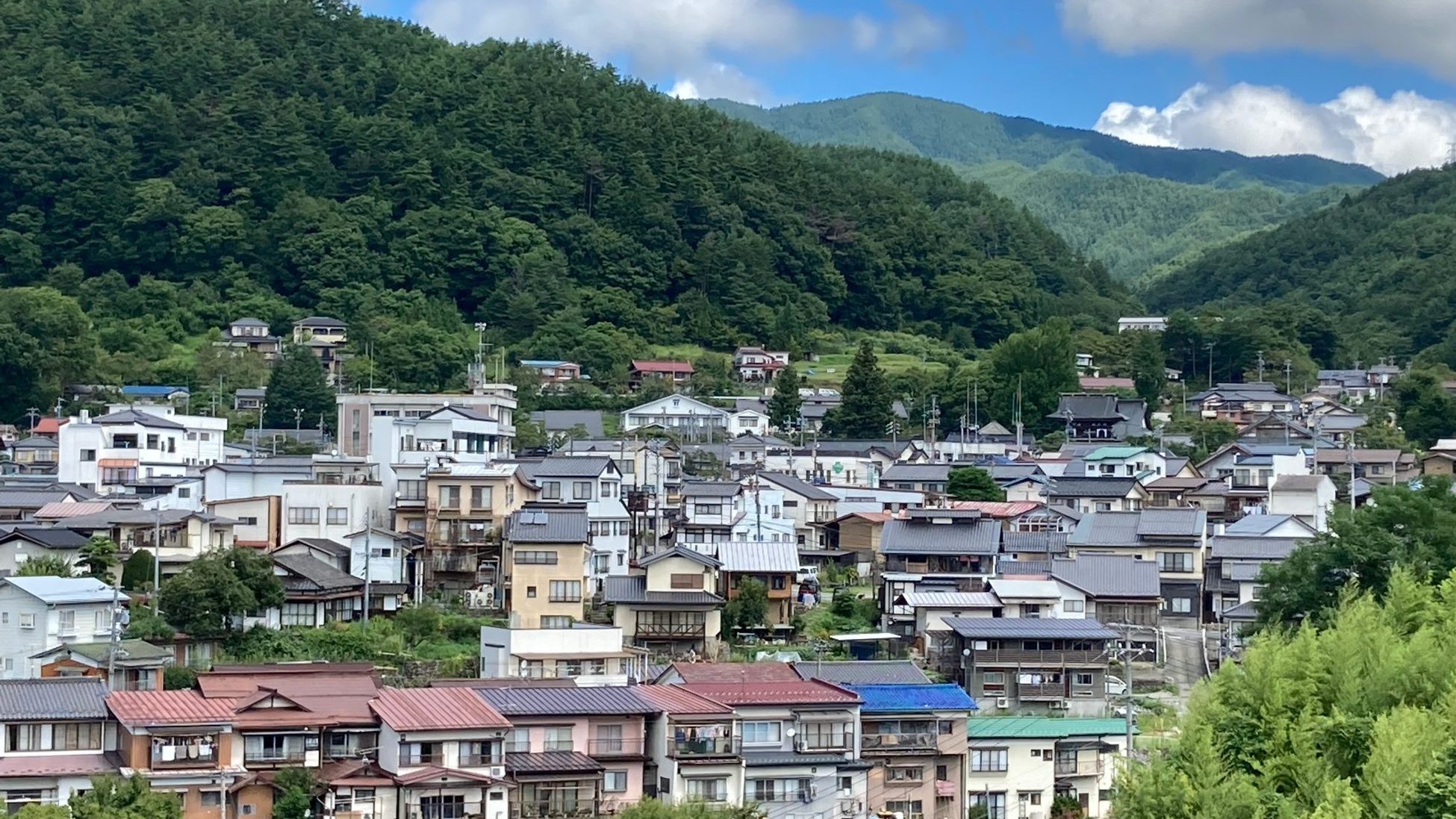 夏の高遠の町並みと緑の山々を望む風景